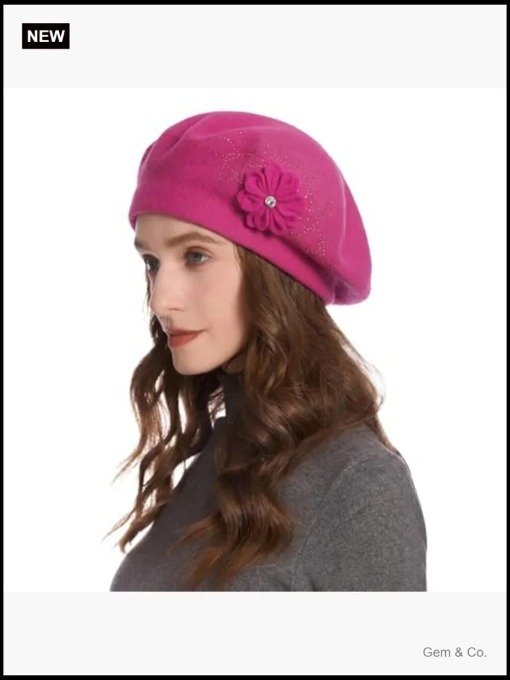 Reversible Knit Beret with Floral Trim - One Size